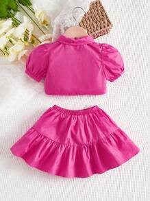 SHEIN Bộ đồ Em bé Viên lá sen Nút phía trước màu trơn - Màu Hồng Tươi - Xem 2