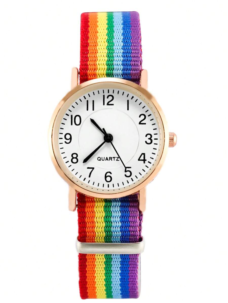 1 Bé Gái Cầu Vồng Họa Tiết Sọc Vải Dây Đeo Mặt Tròn Đồng Hồ Thạch Anh Cho Cuộc Sống Hàng Ngày - Nhiều màu - Xem 1