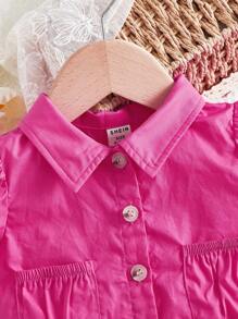 SHEIN Bộ đồ Em bé Viên lá sen Nút phía trước màu trơn - Màu Hồng Tươi - Xem 4