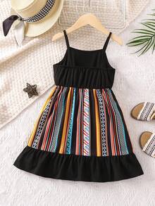 SHEIN Young Girl Geometric Pattern Style Casual Simple & Comfortable Spaghetti Strap Dress For Summer - Multicolor - View 2
