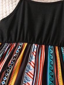 SHEIN Young Girl Geometric Pattern Style Casual Simple & Comfortable Spaghetti Strap Dress For Summer - Multicolor - View 4