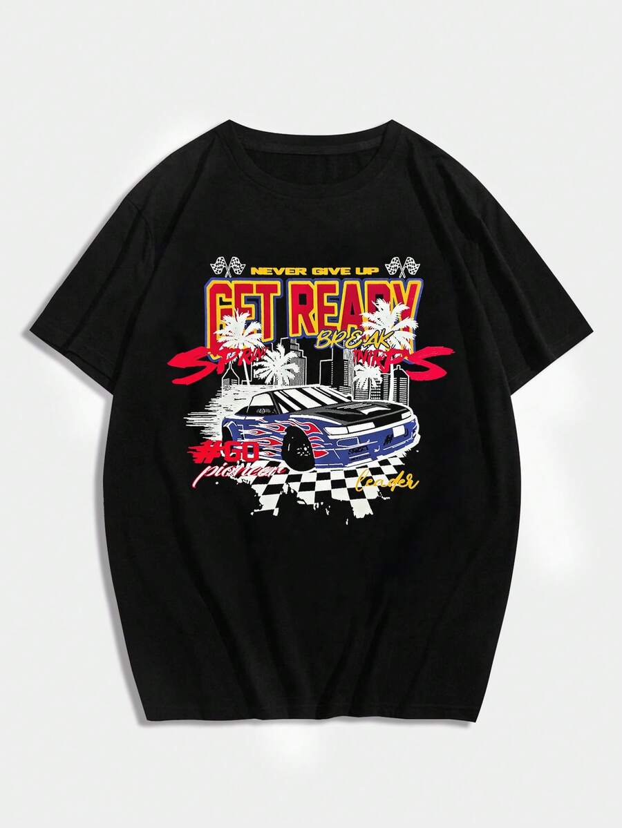 ROMWE MEN Guys Cotton Car & Letter Graphic Tee - Black - View 1