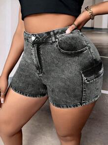SHEIN SXY 大碼翻蓋口袋牛仔短褲 - 灰色 - 查看 1