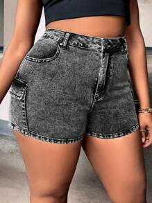SHEIN SXY 大碼翻蓋口袋牛仔短褲 - 灰色 - 查看 3