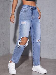 SHEIN ICON Stepped Waist Ripped Mom Fit Jeans - Light Wash - View 3