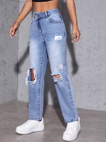 SHEIN ICON Stepped Waist Ripped Mom Fit Jeans - Light Wash - View 5