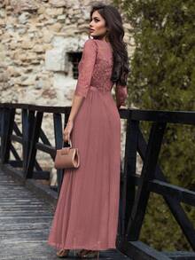 MIUSOL 水溶蕾絲拼接雪紡正式連衣裙 - 藕粉色 - 查看 3