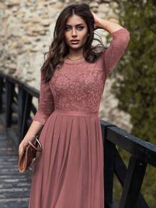 MIUSOL 水溶蕾絲拼接雪紡正式連衣裙 - 藕粉色 - 查看 9