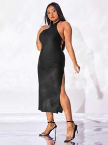 evoluSHEIN X Anitta 大碼十字交叉後背繫帶高衩連衣裙 - 黑色 - 查看 4