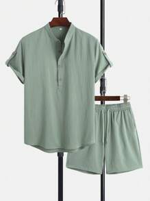 Manfinity Homme Hombres con botón Camisa & de cintura con cordón Shorts - Verde - Ver 1