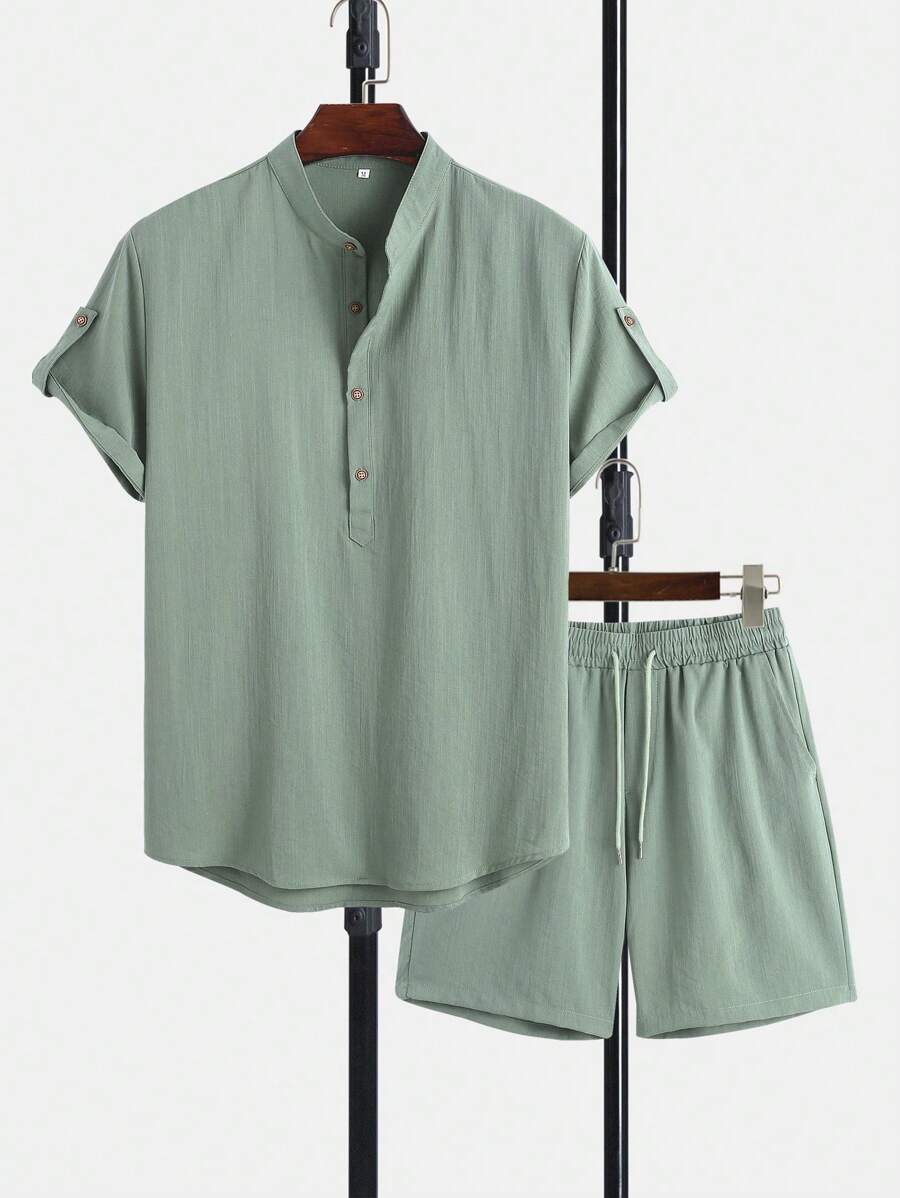 Manfinity Homme Hombres con botón Camisa & de cintura con cordón Shorts - Verde - Ver 1