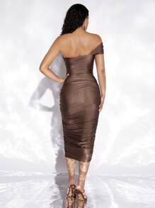 evoluSHEIN X Anitta Đầm Xù màu trơn Thanh lịch - Cà phê nâu - Xem 6