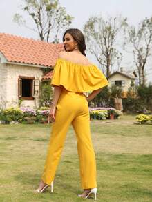Maternity Solid Ruffle Trim Off Shoulder Jumpsuit - Yellow - View 2