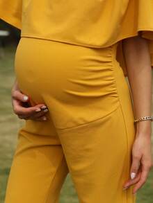 Maternity Solid Ruffle Trim Off Shoulder Jumpsuit - Yellow - View 5
