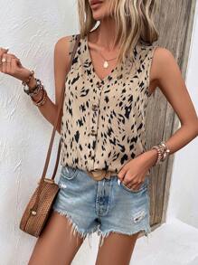 SHEIN LUNE لباس علوي تانك طباعة شامل - كاكي - مشاهدة 1