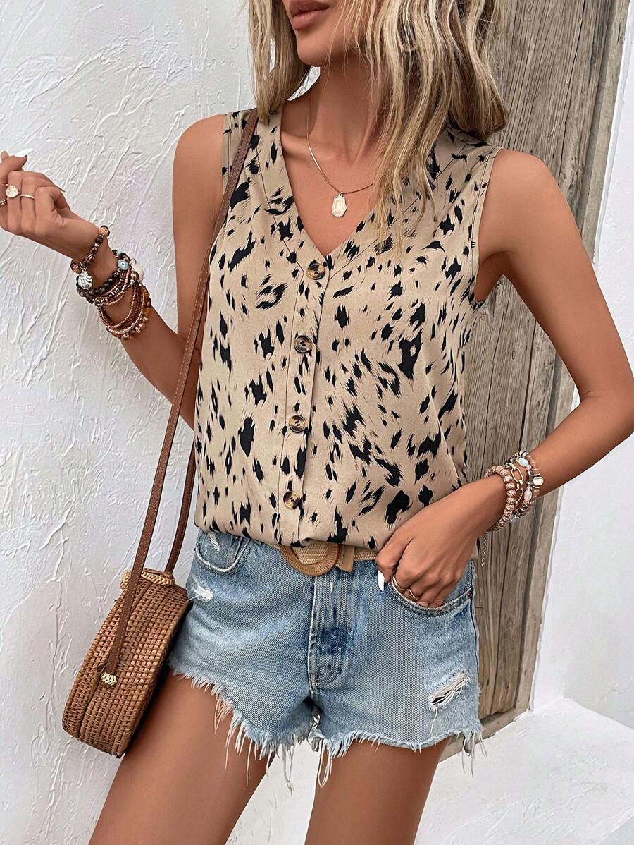 SHEIN LUNE لباس علوي تانك طباعة شامل - كاكي - مشاهدة 1