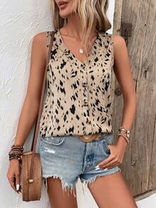 SHEIN LUNE لباس علوي تانك طباعة شامل - كاكي - مشاهدة 6