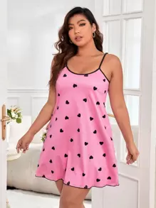 加大爱心印花撞色绑带吊带睡衣睡裙 - 粉色 - 查看 4