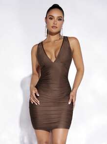 evoluSHEIN X Anitta Đầm Lộ Lưng Xù màu trơn Gợi cảm - Cà phê nâu - Xem 1