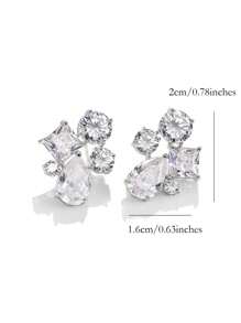 1對奢華銅幾何立方鋯石銀顏色耳釘適合女士適用於晚餐聚會新娘婚禮首飾類 - 銀色 - 查看 3