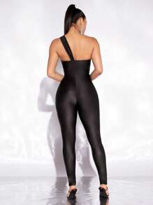 evoluSHEIN X Anitta One Shoulder O-ring Detail Split Hem Unitard Jumpsuit - Black - View 2