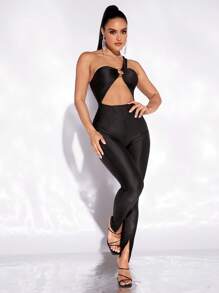 evoluSHEIN X Anitta One Shoulder O-ring Detail Split Hem Unitard Jumpsuit - Black - View 4