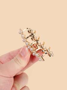 1入組女士人造珍珠裝飾一字形時尚髮爪適用於日常 - 金色 - 查看 3