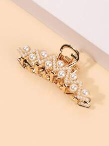 1入組女士人造珍珠裝飾一字形時尚髮爪適用於日常 - 金色 - 查看 4
