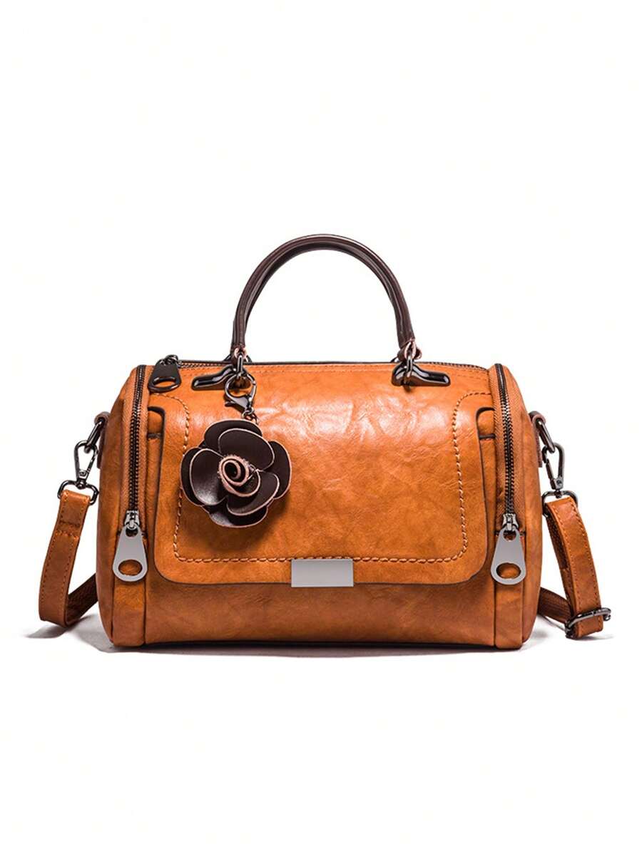 Medium Boston Bag Brown Zipper Front With Bag Charm - Brown - View 1