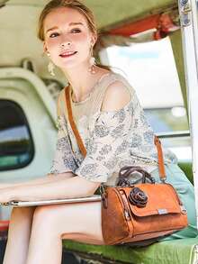 Medium Boston Bag Brown Zipper Front With Bag Charm - Brown - View 2