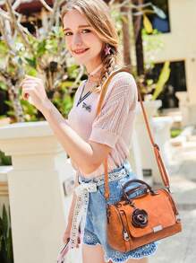 Medium Boston Bag Brown Zipper Front With Bag Charm - Brown - View 3