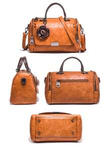 Medium Boston Bag Brown Zipper Front With Bag Charm - Brown - View 5
