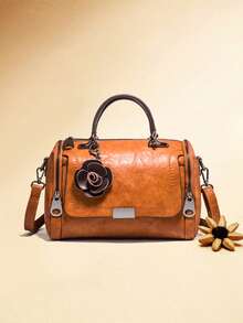 Medium Boston Bag Brown Zipper Front With Bag Charm - Brown - View 8