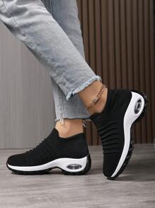 秋冬女式罗纹一脚蹬运动鞋，运动户外面料跑鞋，女式运动鞋 - 黑色 - 查看 5