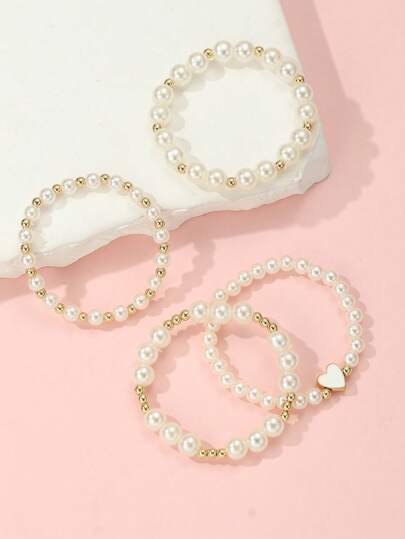 4入組女孩珍珠和花朵裝飾串珠手鏈日常裝飾