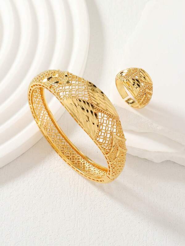 2 pièces/set Ensemble de bijoux en cuivre pour femme comprenant 1 pièce bracelet jonc et 1 pièce bague