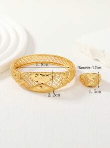 2pcs/Set Copper Jewelry Set For Women Including 1pc Bangle And 1pc Ring - Yellow Gold - View 3
