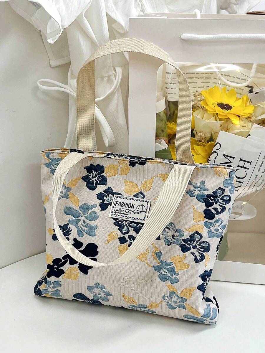 Letter Patch Square Bag Flower Pattern Double Handle For Daily - Multicolor - View 1