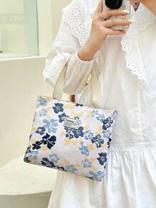 Letter Patch Square Bag Flower Pattern Double Handle For Daily - Multicolor - View 4