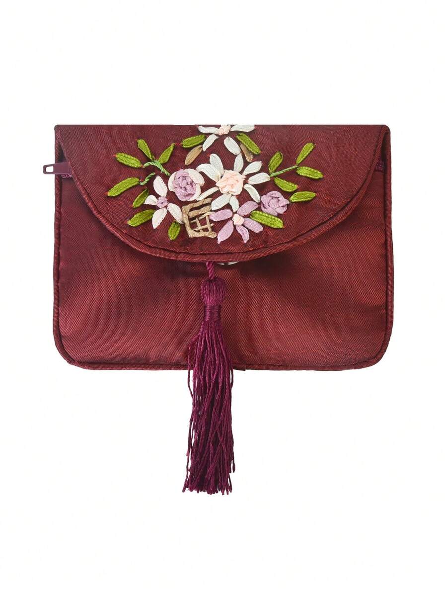 Floral Embroidery Minimalist Tassel Decor Casual Coin Purse - Burgundy - View 1