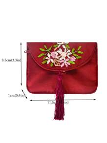 Floral Embroidery Minimalist Tassel Decor Casual Coin Purse - Burgundy - View 4