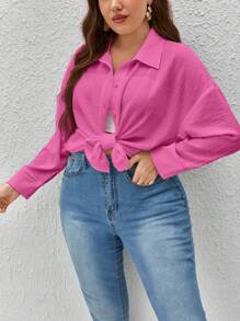 SHEIN Essnce 大碼落肩袖前紐扣襯衫 - 玫紅色 - 查看 3