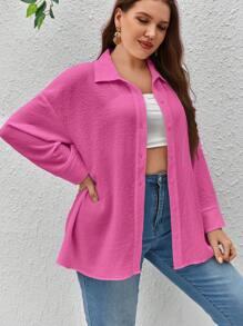 SHEIN Essnce 大碼落肩袖前紐扣襯衫 - 玫紅色 - 查看 4