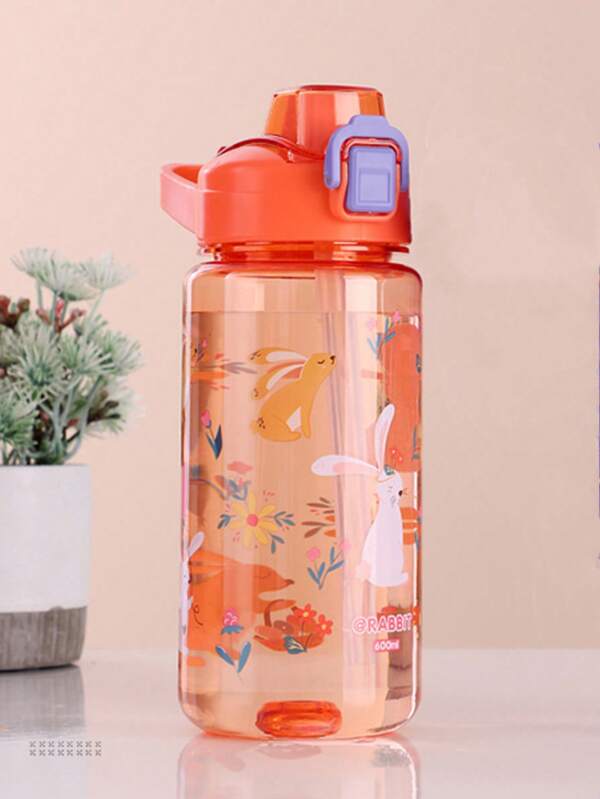 1pc 600ml Cartoon Printed Outdoor Sports Water Bottle With Straw & Silicone Nozzle, Portable Plastic Cup With Handle For Easy Carrying