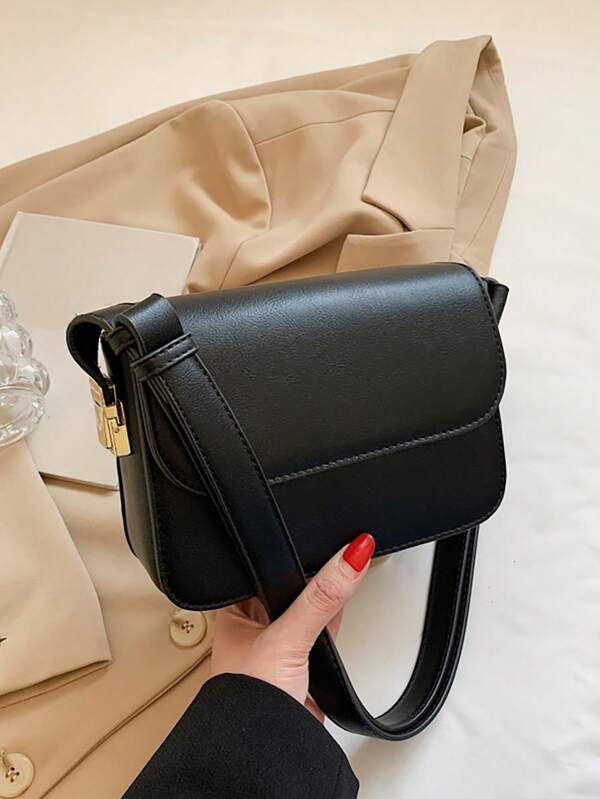 Mini Elegant Flap Square Bag Adjustable Strap Black