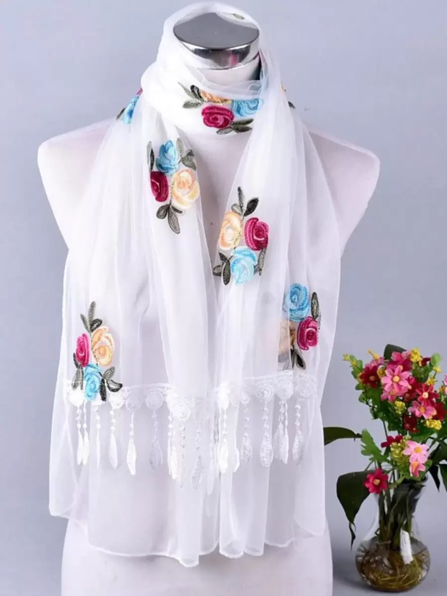 1pc Floral Embroidered Tassel Decor Scarf Elegant Floral Boho Head Scarf Bandana,Hair Band,Head Band Ideal For Dressing Up Your Look Valentine's Day Valentines