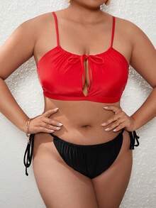 大碼前繫帶比基尼泳裝上衣 - 紅色 - 查看 3