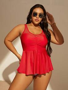 SHEIN Plus Size Ruched Ruffle Hem Tankini Summer Beach - Red - View 4