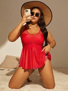 SHEIN Plus Size Ruched Ruffle Hem Tankini Summer Beach - Red - View 5