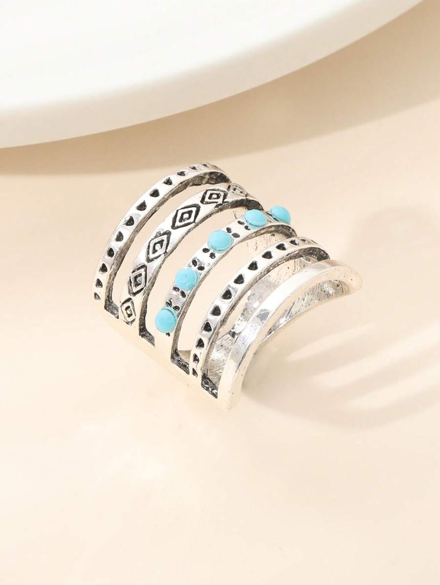 1pc Fashion Stainless Steel Round Decor Layered Cuff Ring